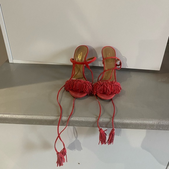 Aquazzura Wild Thing Red Suede Tassel Sandals - Picture 2 of 7